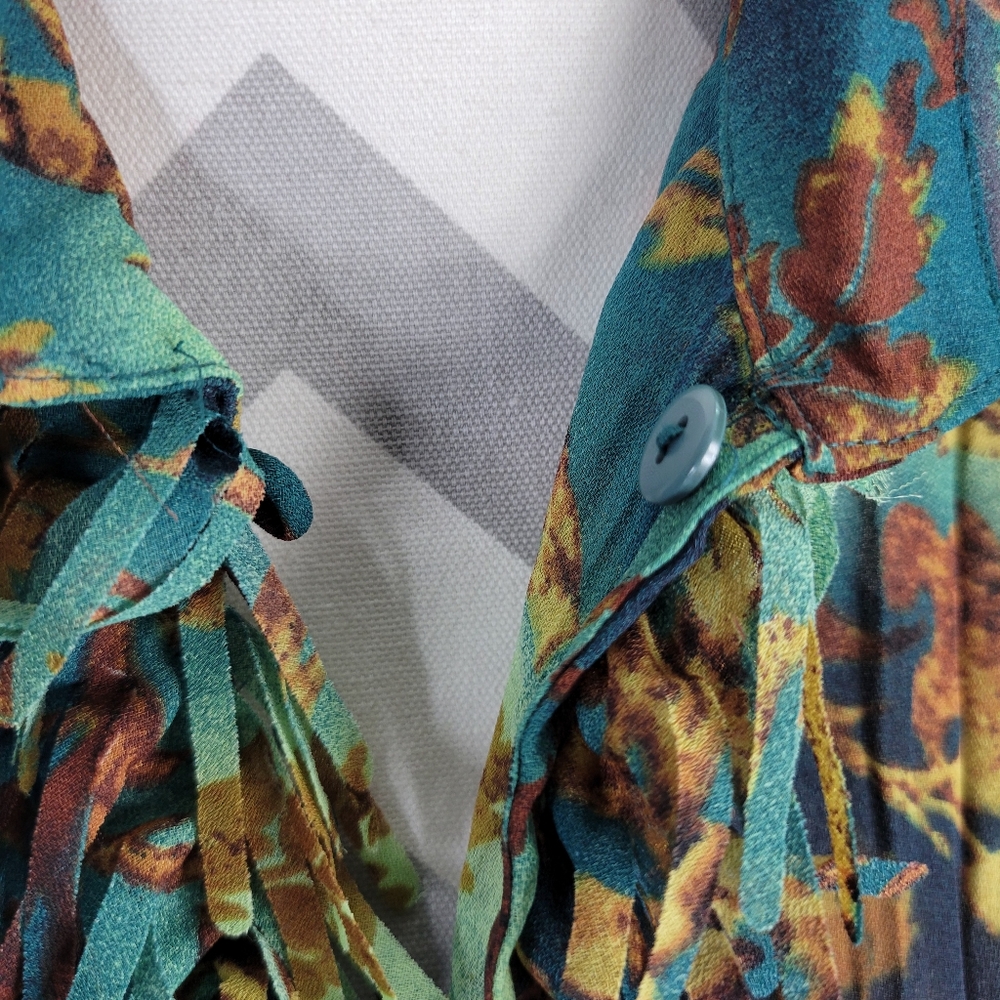 Violet & Claire Sheer Crinkle Blouse Green Teal Brown Tie at Cuffs Fringe XL - Picture 2 of 12